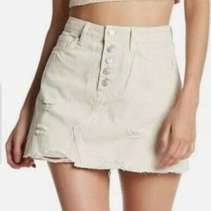 We the Free Cream Denim Mini Skirt Womens Size 30 Distressed Cream Button Fly
